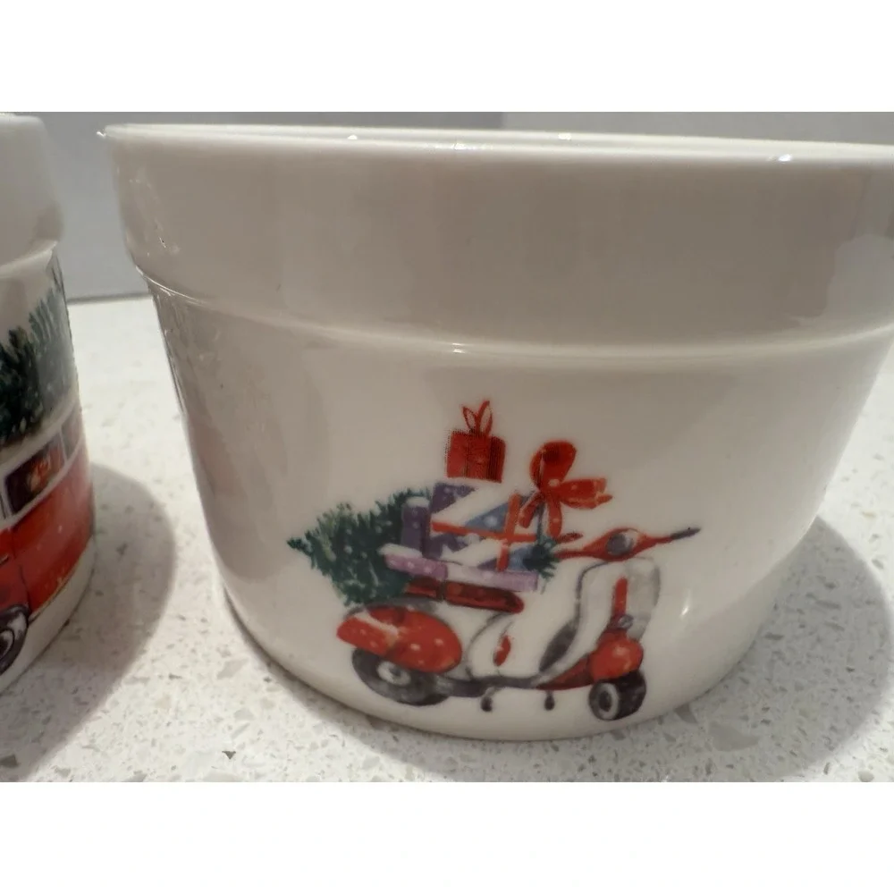 Ciroa Celebrate Christmas Ramekins Custard Cups VW‎ Van & Scooter Trees Set Of 2